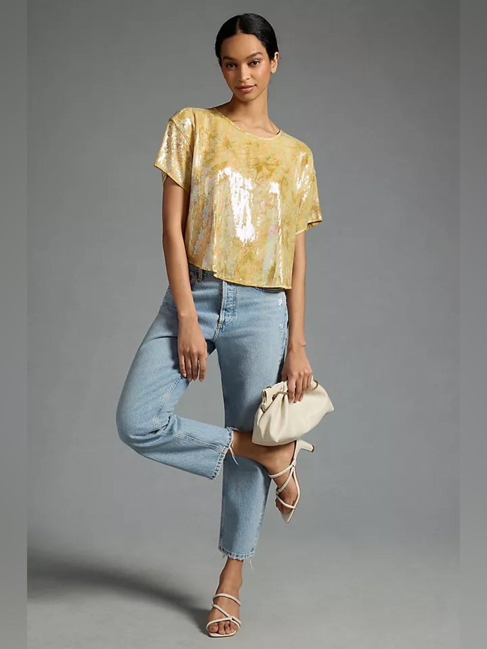 Pilcro Anthropologie Yellow Sequin Tech Short Sleeve Keyhole Top Size S NEW